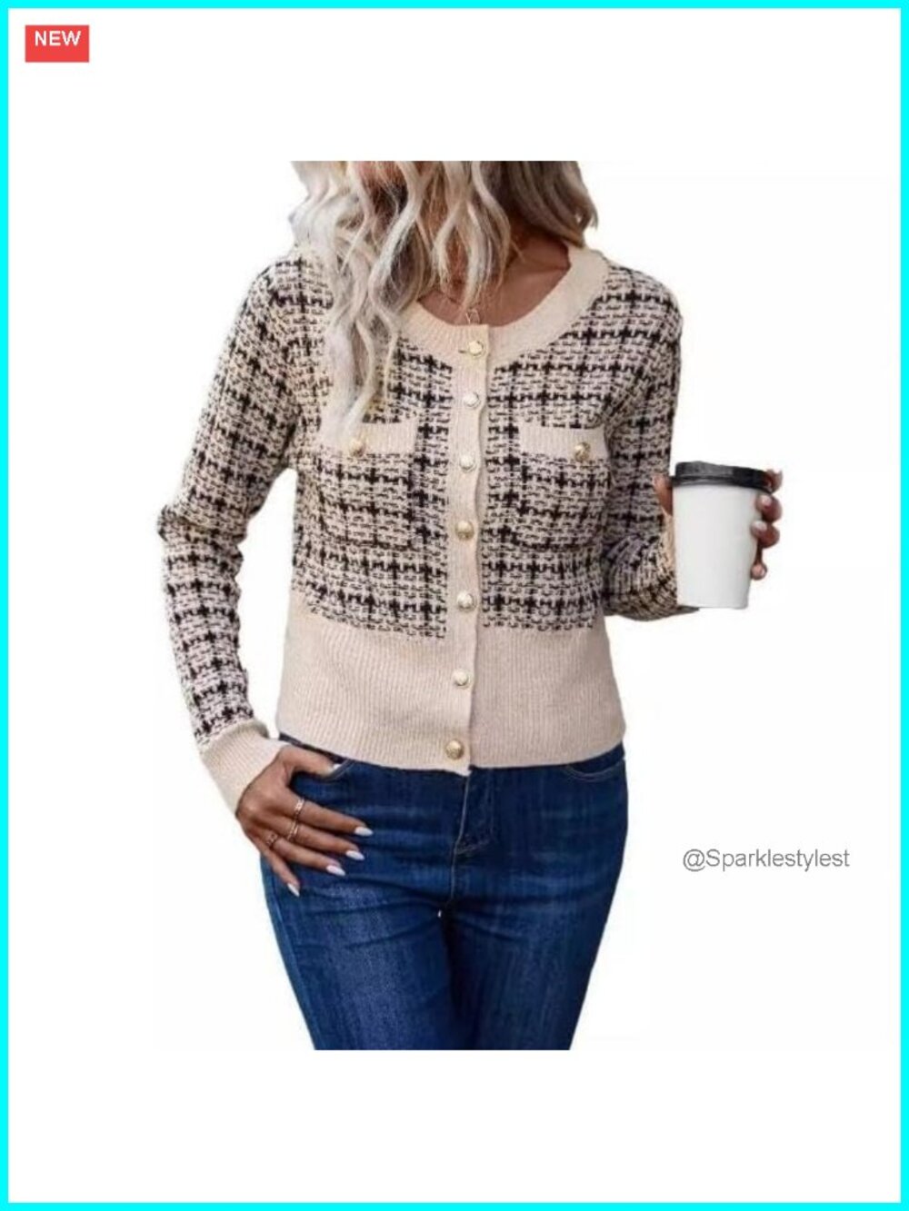 Women's Tweed Plaid Knit Cardigan Sweater Long Sleeve Button Front